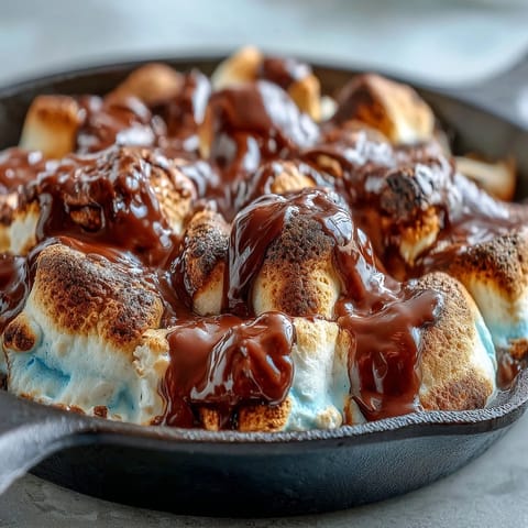 Festive 4th of July s'mores dip with gooey chocolate and toasted marshmallows in a cast iron skillet, perfect for Independence Day celebrations.