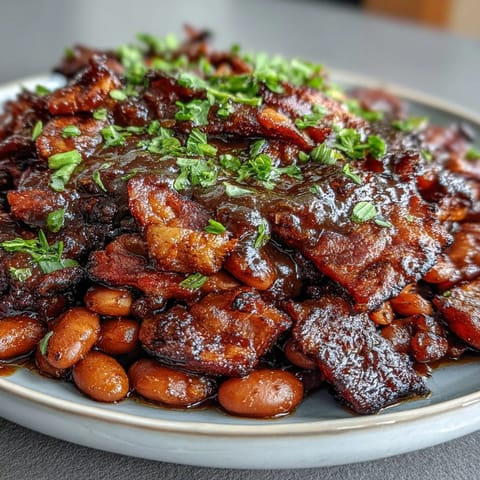 A hearty skillet of Summer BBQ Baked Beans with Brown Sugar and Bacon, bubbling in a rich, smoky sauce.  
