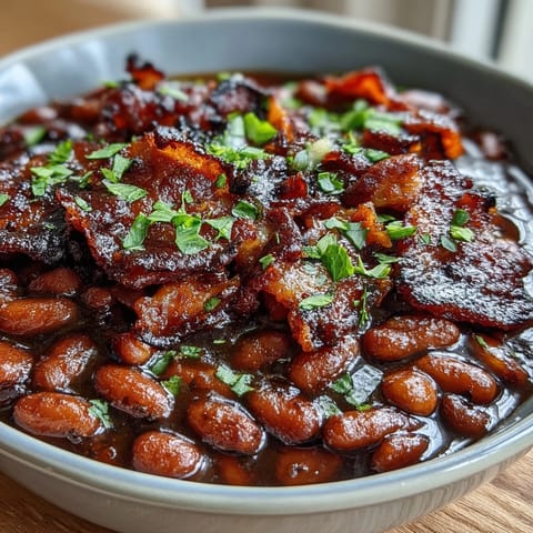 Golden-brown bacon crumbles top a thick, sweet, and savory bean casserole fresh from the oven.  