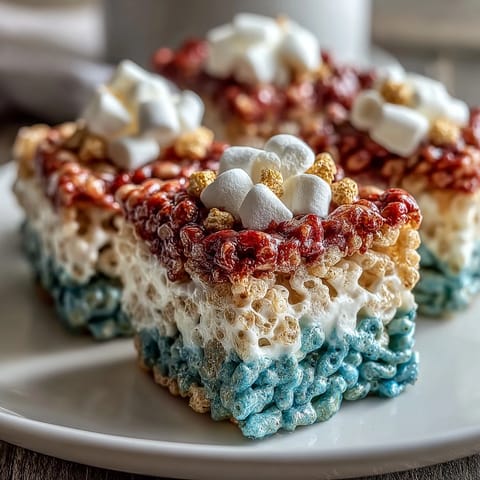 Festive red, white, and blue Rice Krispies treats with vibrant colors and sprinkles for a patriotic dessert.