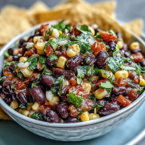 A colorful three-ingredient Cowboy Caviar Dip featuring black beans, sweet corn, and fresh pico de gallo, perfect for summer snacking.