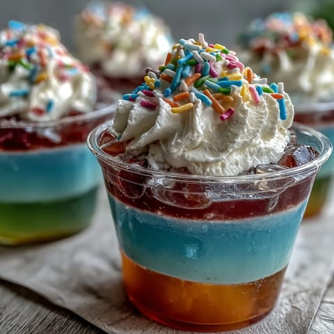 Delightful layered Jello dessert in clear cups, featuring bright red, orange, yellow, green, blue, and purple fruity flavors.