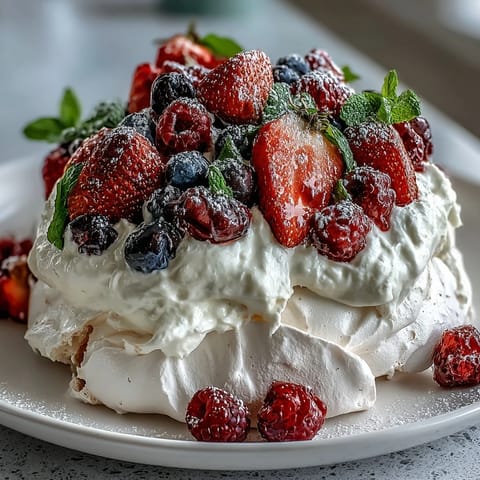 A beautiful pavlova with fresh berries and cream, golden meringue base topped with fluffy whipped cream and vibrant red and blue berries.