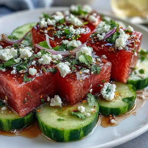 Vibrant watermelon cucumber salad with Tajin, lime, and cilantro, perfect for summer.