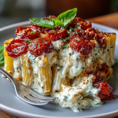Creamy baked feta pasta with burst cherry tomatoes, fresh basil, and garlic.