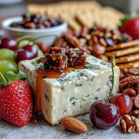 Colorful summer charcuterie featuring cheeses, meats, berries, and a sweet honey drizzle.