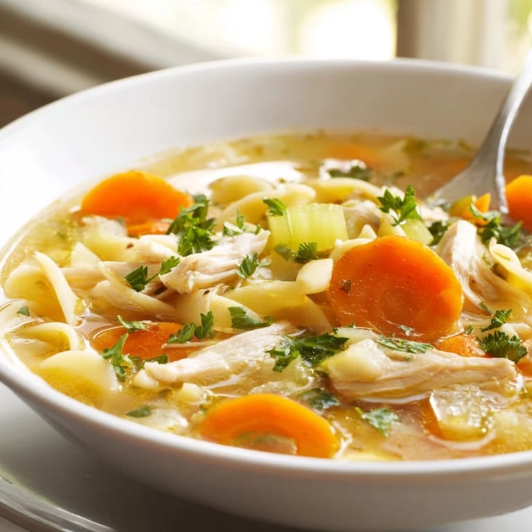Vibrant, freshly prepared Chicken Noodle Soup in a rustic mug, featuring colorful carrots, celery, and herbs, ideal for a cozy, soothing meal.