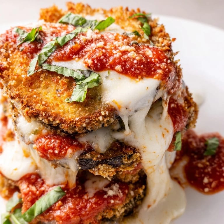Golden, crispy Eggplant Parmesan slices layered with marinara and melted mozzarella, served hot from the oven.