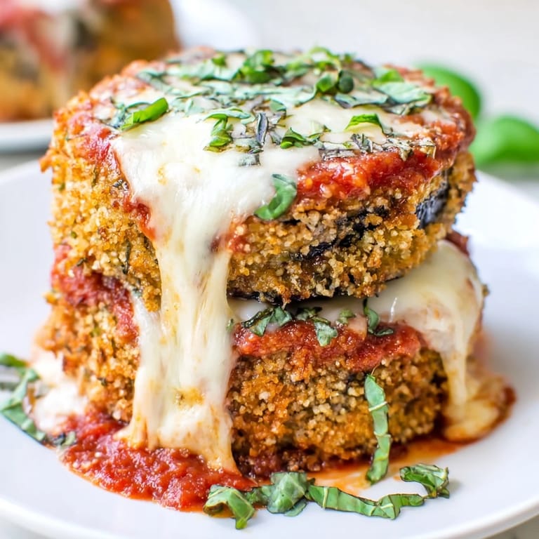 Freshly baked Eggplant Parmesan garnished with basil, featuring golden cheese and rich tomato sauce layers.