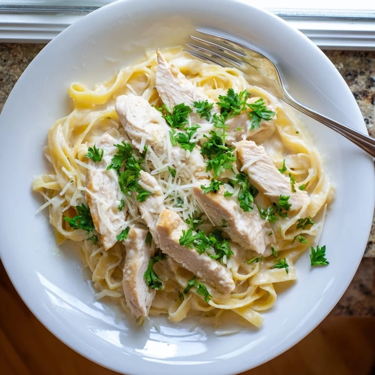 Large skillet of fettuccine Alfredo tossed in a velvety garlic butter sauce, garnished with grated Parmesan and parsley.