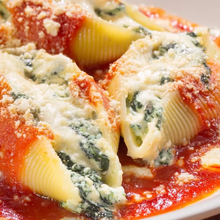 Tender jumbo Stuffed Shells arranged in a baking dish, ready to serve with a sprinkle of Parmesan and fresh herbs.