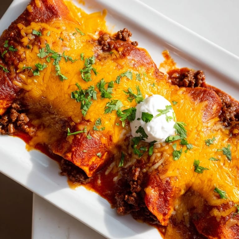 Golden brown Beef Enchiladas served with sour cream and fresh cilantro on a rustic plate.