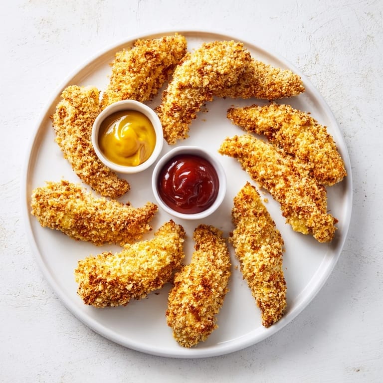Breaded and fried Chicken Tenders on a plate with fresh coleslaw and dipping sauces.
