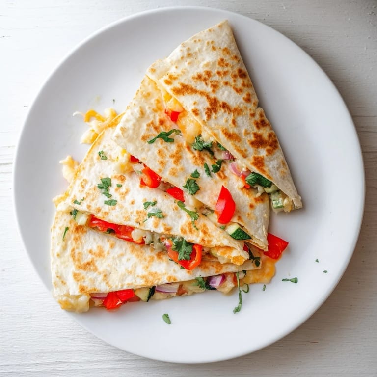 Close-up of cheesy quesadilla triangles topped with cilantro, steaming on a wooden cutting board.