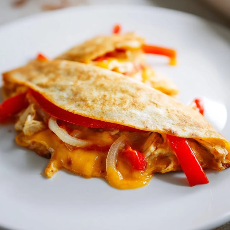Close-up of crispy flour tortilla Chicken Quesadilla with colorful peppers and onions, resting on a rustic plate.