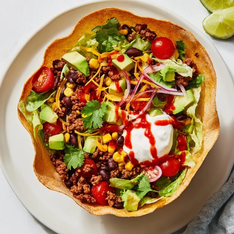 A hearty Taco Salad topped with melted cheddar, creamy sour cream, salsa, and a sprinkle of cilantro.