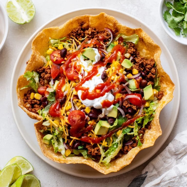 Close-up of a vibrant Taco Salad with diced avocado, corn, tomatoes, and a lime wedge for serving.