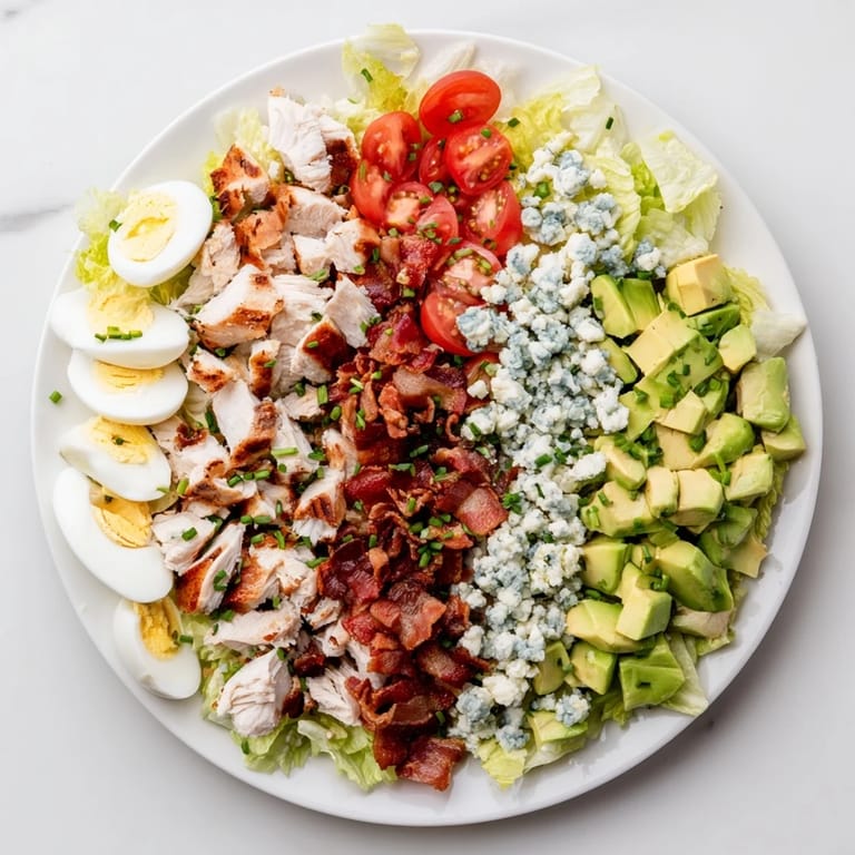 Hearty Cobb Salad with juicy chicken, smoky bacon, and crumbled blue cheese on a bed of greens.