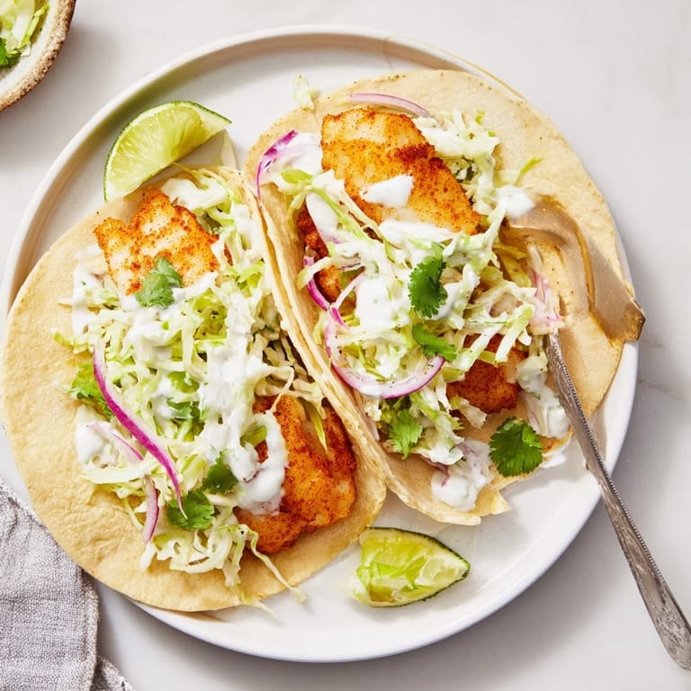 Grilled fish taco assembly with shredded cabbage, sliced red onion, and a generous swirl of creamy sauce.