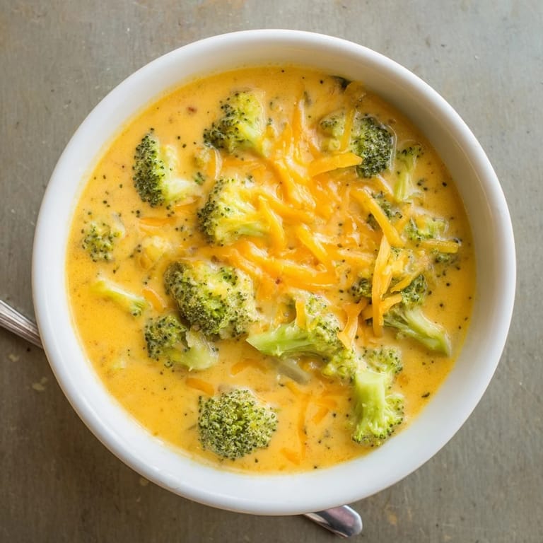 Warm Broccoli Cheese Soup served with crusty artisan bread for dipping, perfect for an easy vegetarian dinner.