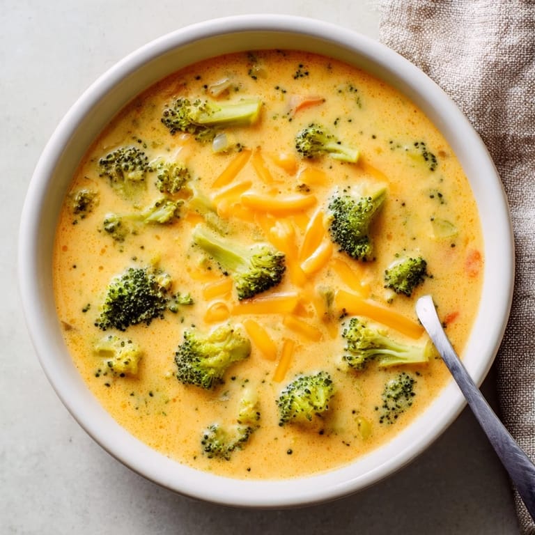 A ladle of hearty Broccoli Cheese Soup reveals tender broccoli florets and melted cheddar in a rustic pot.