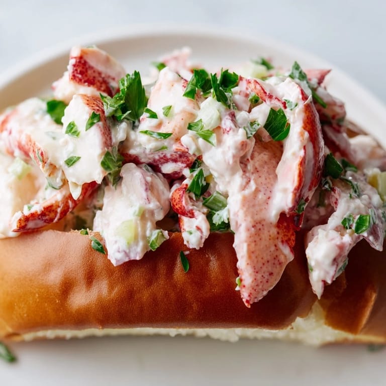 A close-up of a split-top New England Lobster Roll overflowing with lemony lobster salad and fresh parsley garnish.
