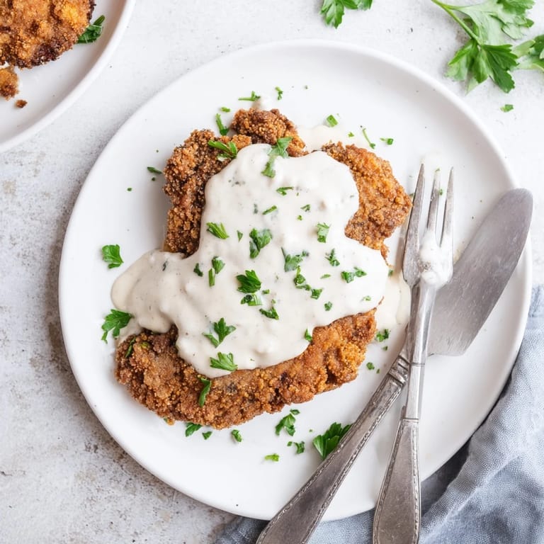 Crisp, breaded cube steak sizzling in a skillet next to a drizzle of rich white country gravy.