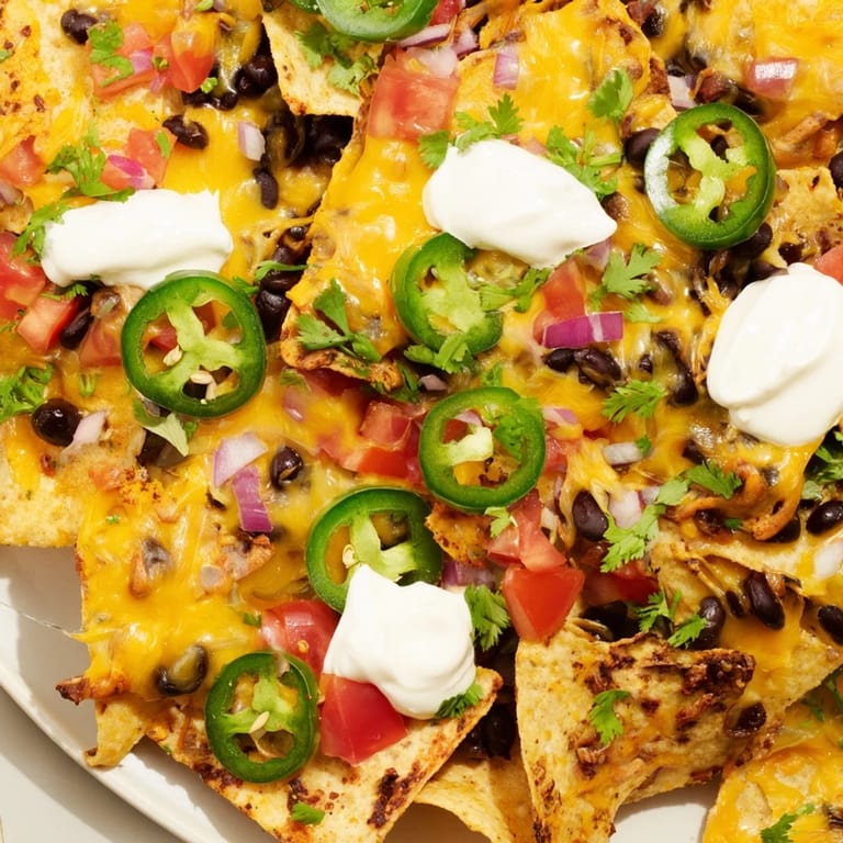 A close-up of loaded nachos topped with seasoned ground beef, diced tomatoes, and fresh cilantro. Served on a baking sheet, ideal for sharing at a party.
