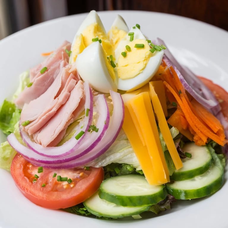 A hearty American Chef Salad filled with colorful vegetables, including tomato wedges, cucumber slices, and bright julienned carrot shreds.