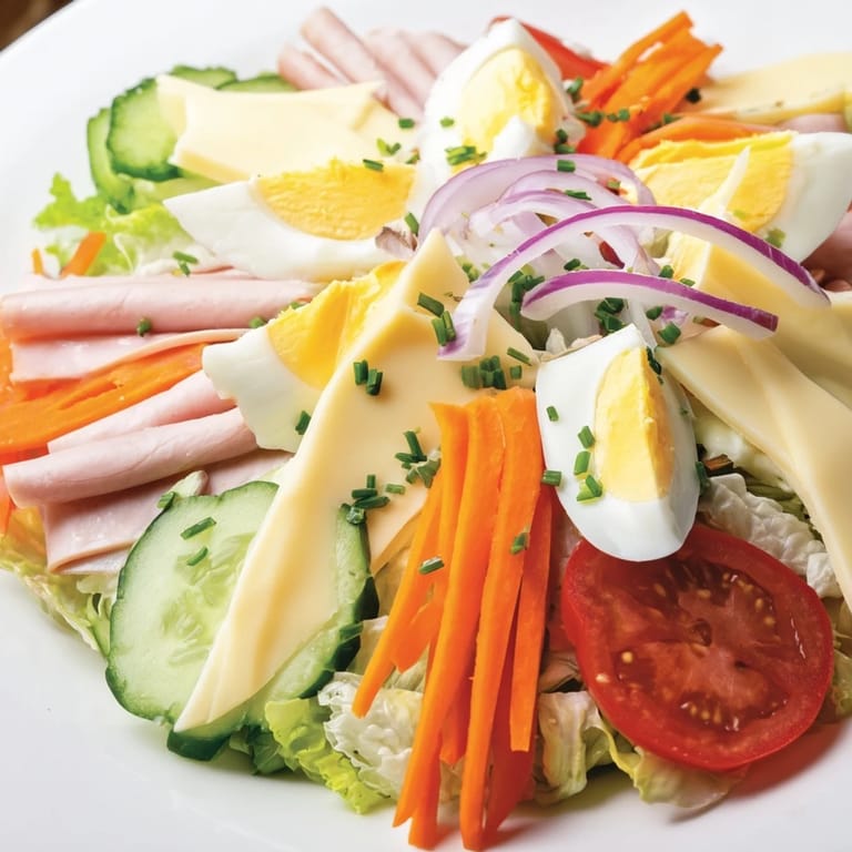 Served on a white platter, this gluten-free Chef Salad is drizzled with tangy vinaigrette and garnished with fresh chives.