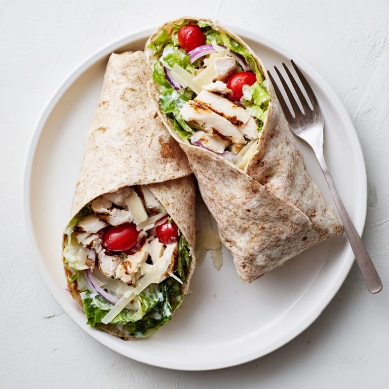 A close-up of a sliced Chicken Caesar Wrap, revealing the colorful layers of fresh ingredients on a rustic wooden cutting board.