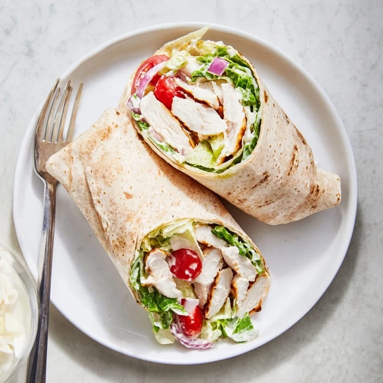 Freshly assembled Chicken Caesar Wrap cut in half, showcasing tender grilled chicken, shaved Parmesan, and chopped romaine inside a soft whole wheat tortilla.
