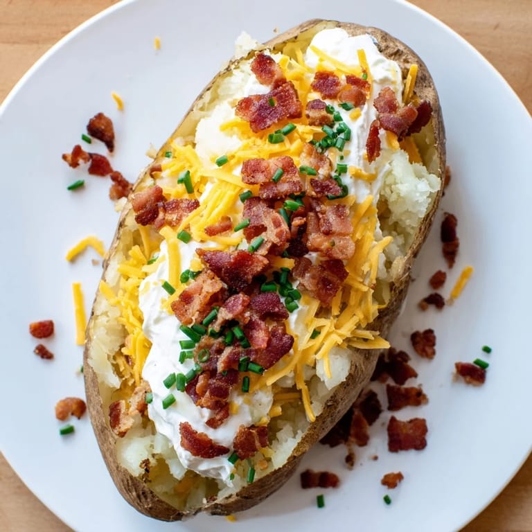 Perfectly fluffy loaded baked potato served hot on a plate with a side salad for dinner.