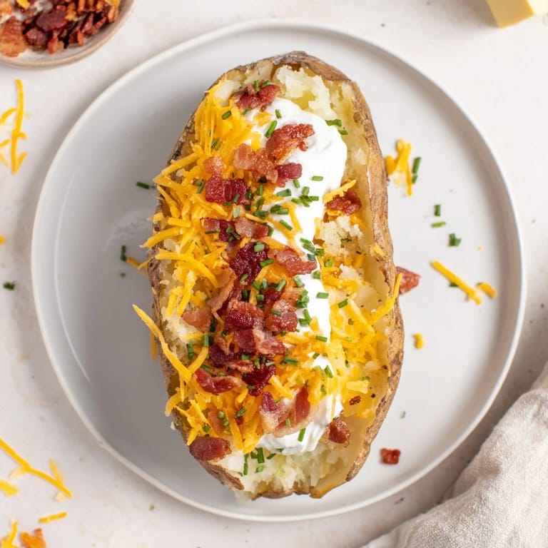 Freshly baked loaded baked potato overflowing with butter, cheese, bacon crumbles, and green chives.