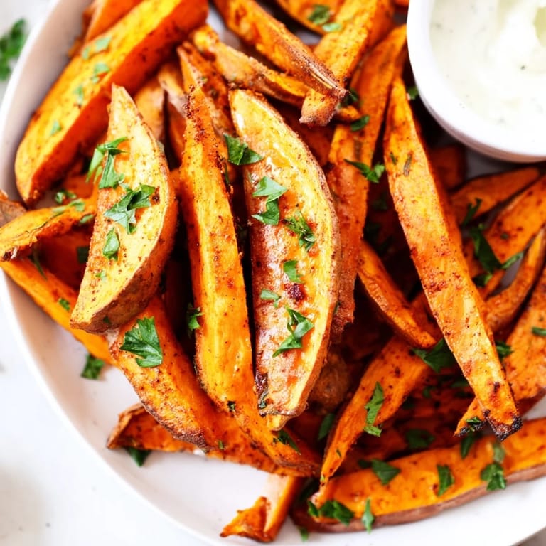 A close-up of Sweet Potato Fries, showing tender orange centers and crunchy edges perfect for snatching by hand.