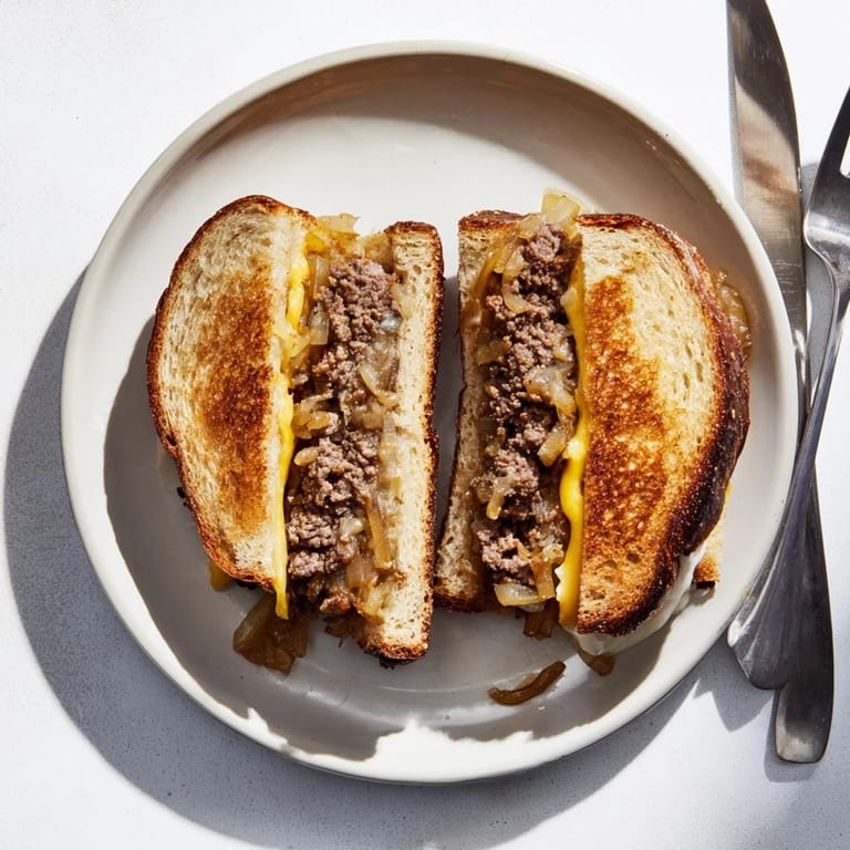Homemade American diner-style Patty Melt sliced in half, revealing juicy beef and sweet onions, ready to be enjoyed.