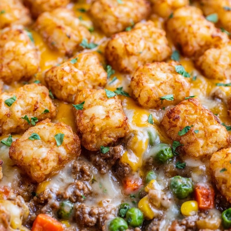 Comforting Tater Tot Casserole served hot on a plate with a fresh side salad.