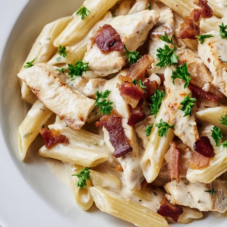 A close-up of Creamy Chicken Bacon Penne reveals steam rising from the luscious sauce, with penne noodles, chicken pieces, and bacon bits.