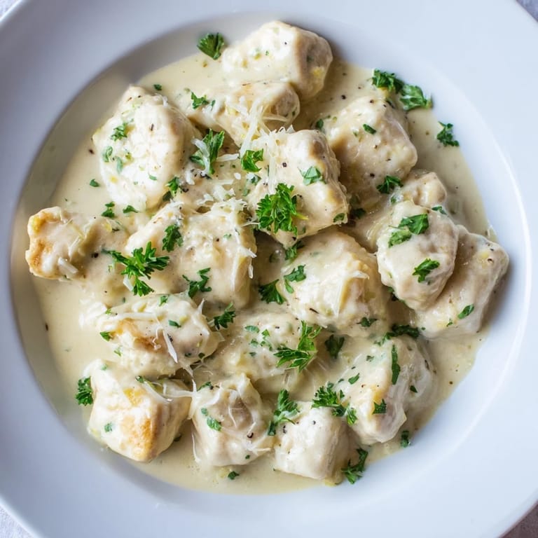 Savory Creamy Garlic Chicken Bites with a luscious garlic cream sauce, ready to serve over a bed of fluffy rice.