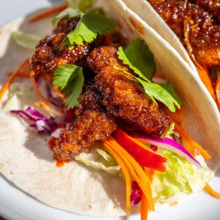 Freshly assembled honey sriracha chicken wrap ready to eat, paired with a light side salad for a balanced meal.