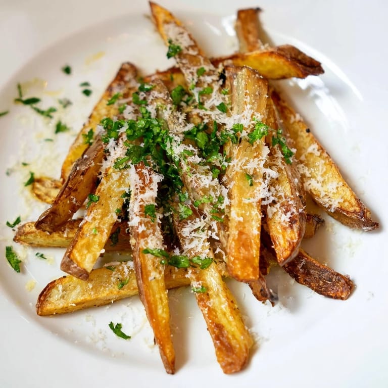 Russet potato fries tossed in aromatic truffle oil and freshly grated Parmesan, a decadent vegetarian side dish.