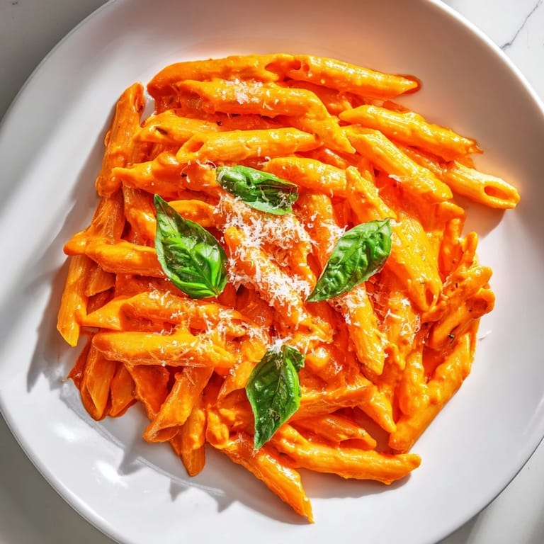 Hearty Roasted Red Pepper Pasta with penne coated in vibrant, velvety roasted pepper sauce.  