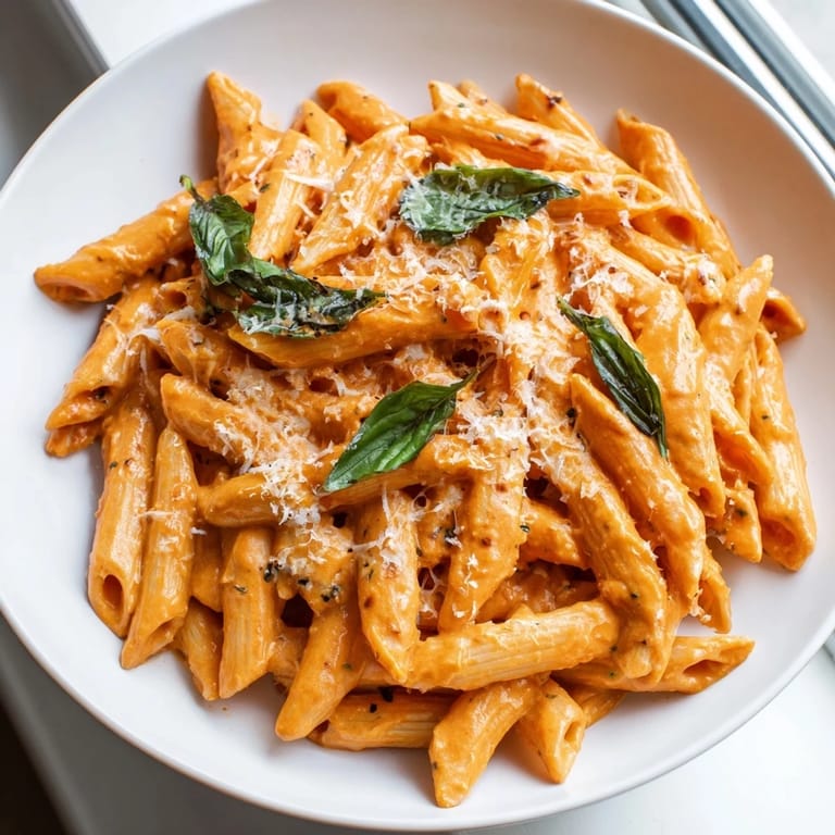 Savory Roasted Red Pepper Pasta served hot with garlic notes and a sprinkle of Parmesan.