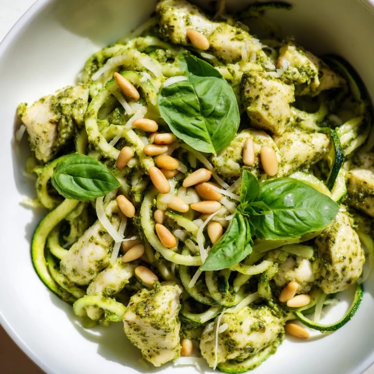In a white bowl, garnished with pine nuts and fresh basil leaves for a summery Mediterranean finish.