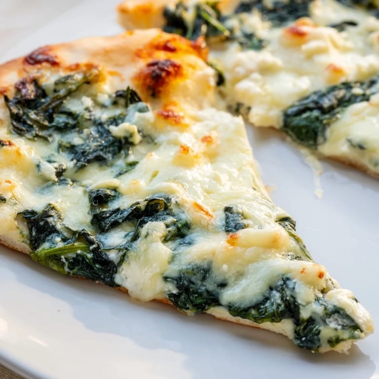 A close-up view of Spinach Ricotta Pizza, highlighting creamy ricotta dollops and savory spinach on a crisp crust.