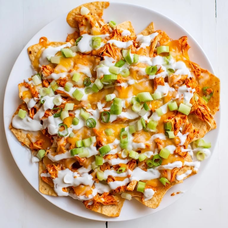 Golden baked Buffalo Chicken Nachos piled high with shredded chicken, cheddar, and a generous ranch topping.
