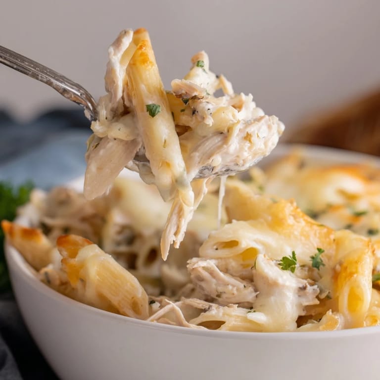 Savory Chicken Alfredo Casserole with rich Alfredo sauce, gooey cheese topping, and al dente pasta inside.
