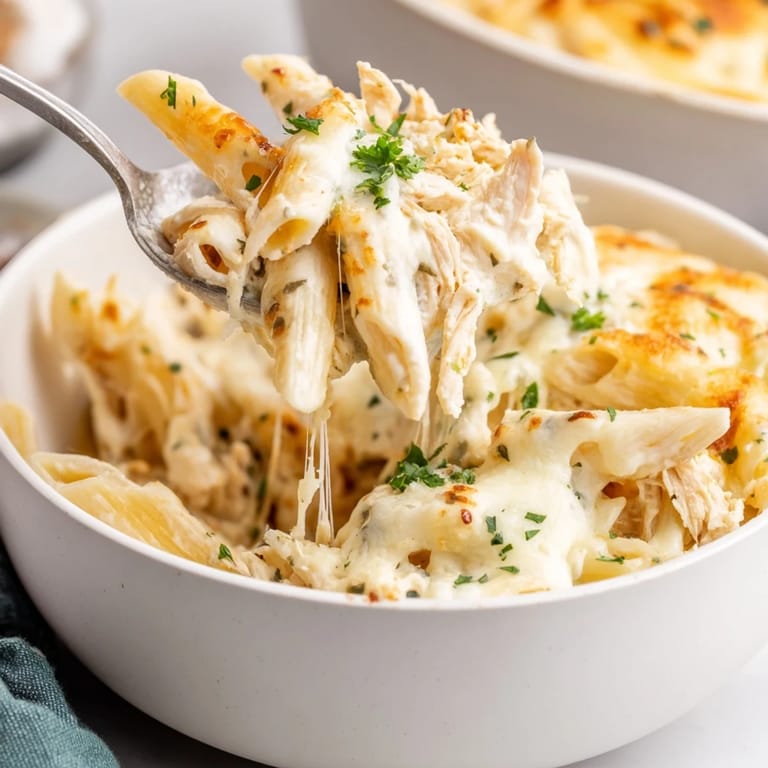 A hearty Chicken Alfredo Casserole, creamy with penne and tender chicken, served as a family main dish.  