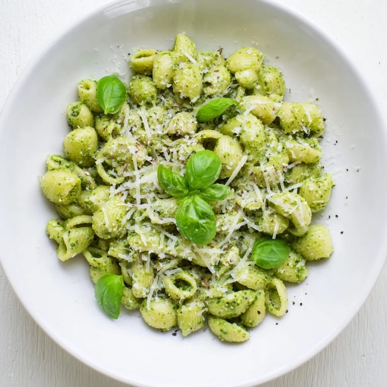 A close-up shows tender pasta coated in the creamy avocado pesto, topped with fresh basil.