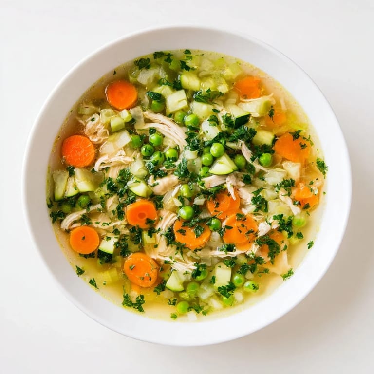 Bright Spring Garden Chicken Soup in a rustic bowl, garnished with parsley, featuring juicy chicken and garden-fresh vegetables.